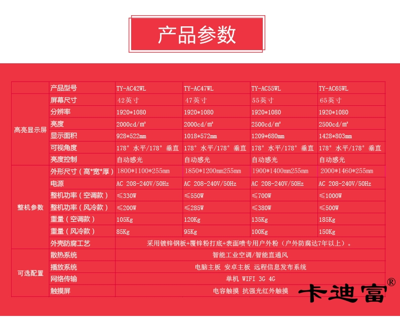 65寸戶外廣告一體機產品參數