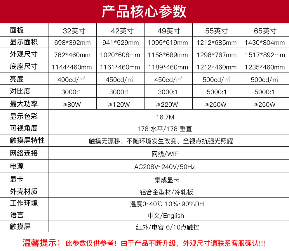 臥式觸摸查詢一體機產品核心參數